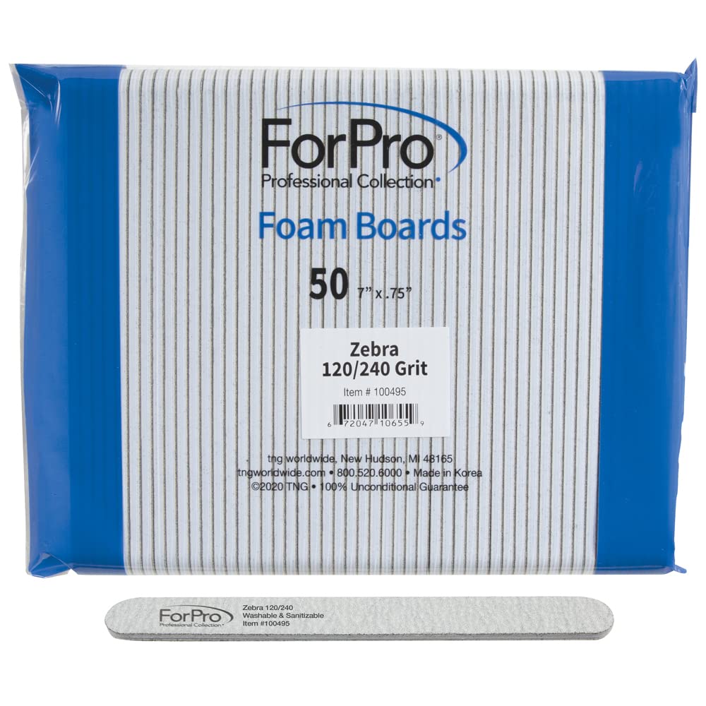 Forpro Zebra Foam Board, 120/240 Grit, Double-Sided Manicure Nail File, 7 L X .75 W 50-Count