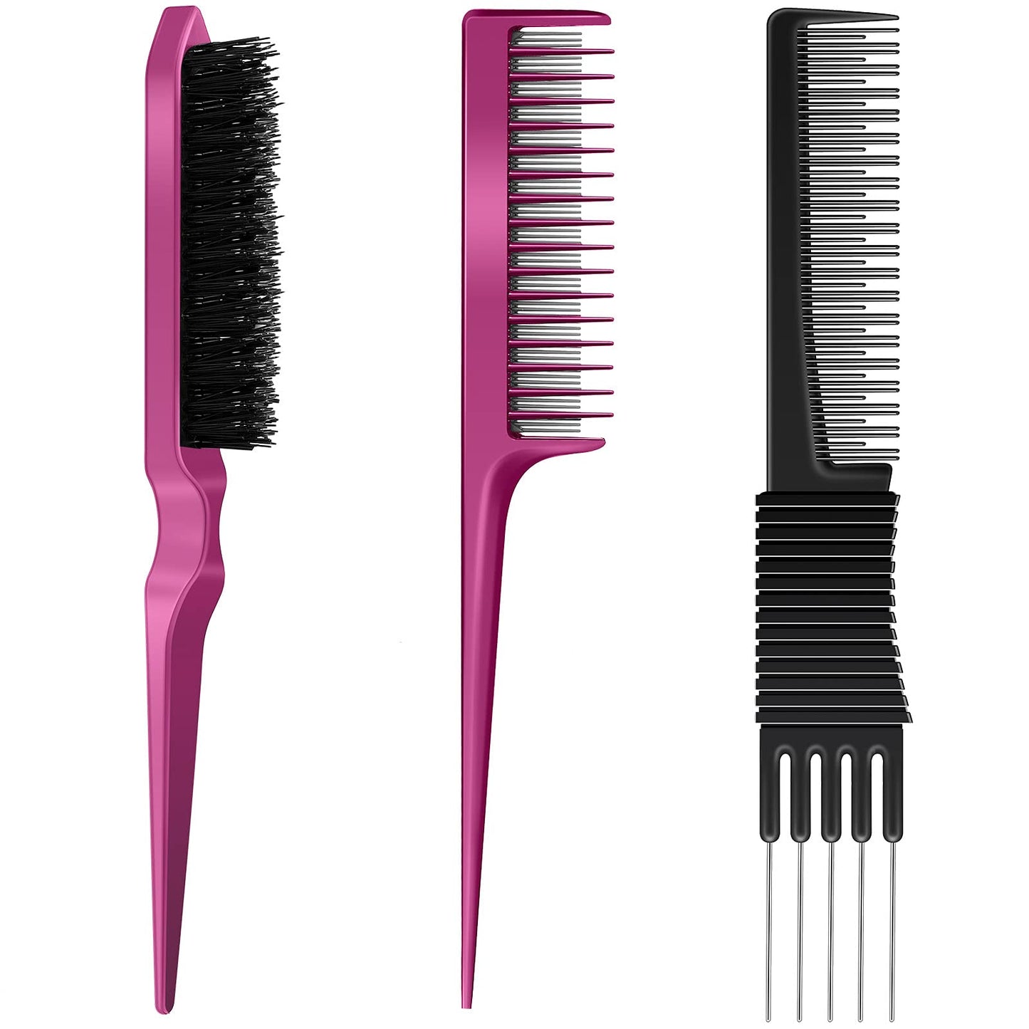 3 Pieces Pick Teasing Combs Hair Brush Set Includes Black Carbon Lift With Metal Prong, Triple Pin Rat Tail Comb, Nylon Bristle