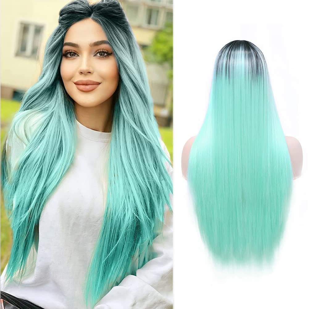 Wiger Long Straight Green Wigs For Women Ombre Mint Green Hair Wig Light Green Colorful Mermaid Wigs Two-Tone No Lace Synthetic