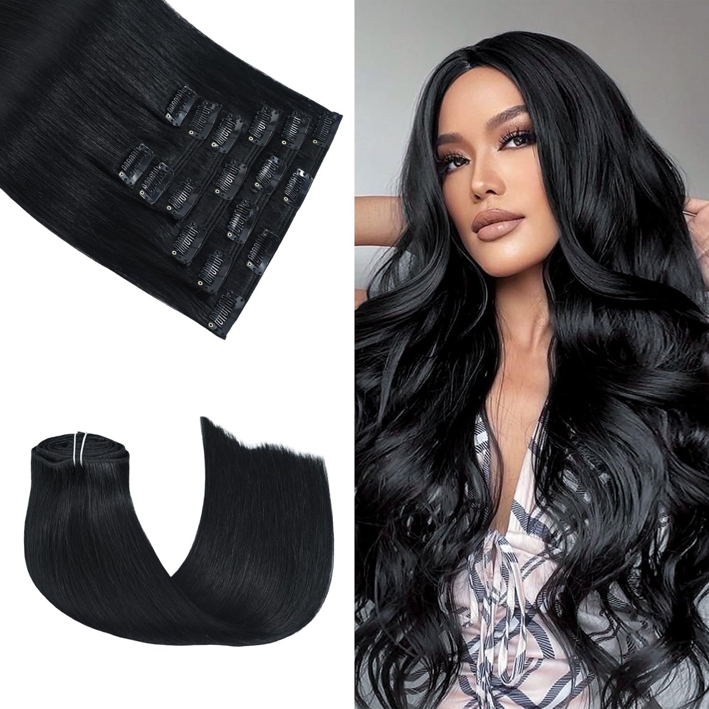Honsoo Clip In Hair Extensions For Black Women Jet Black 120G 16In 7Pcs Real Human Hair Extensions Soft Natural Silky Hair Can B