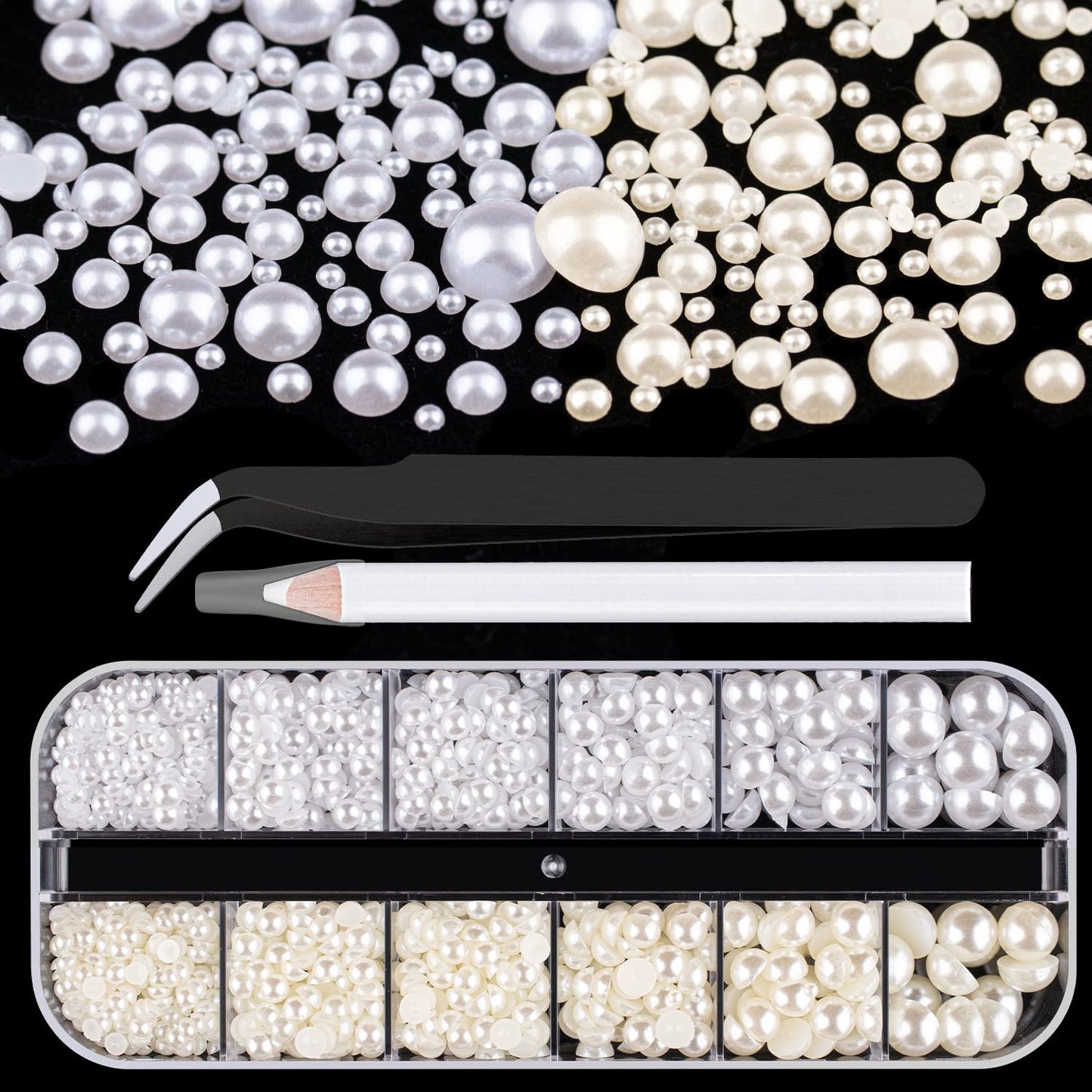 Belleboost Flat Back Pearls Kits 1 Box Of Flatback White&Beige Half Round Pearls With Pickup Pencil And Tweezer For Home Diy And