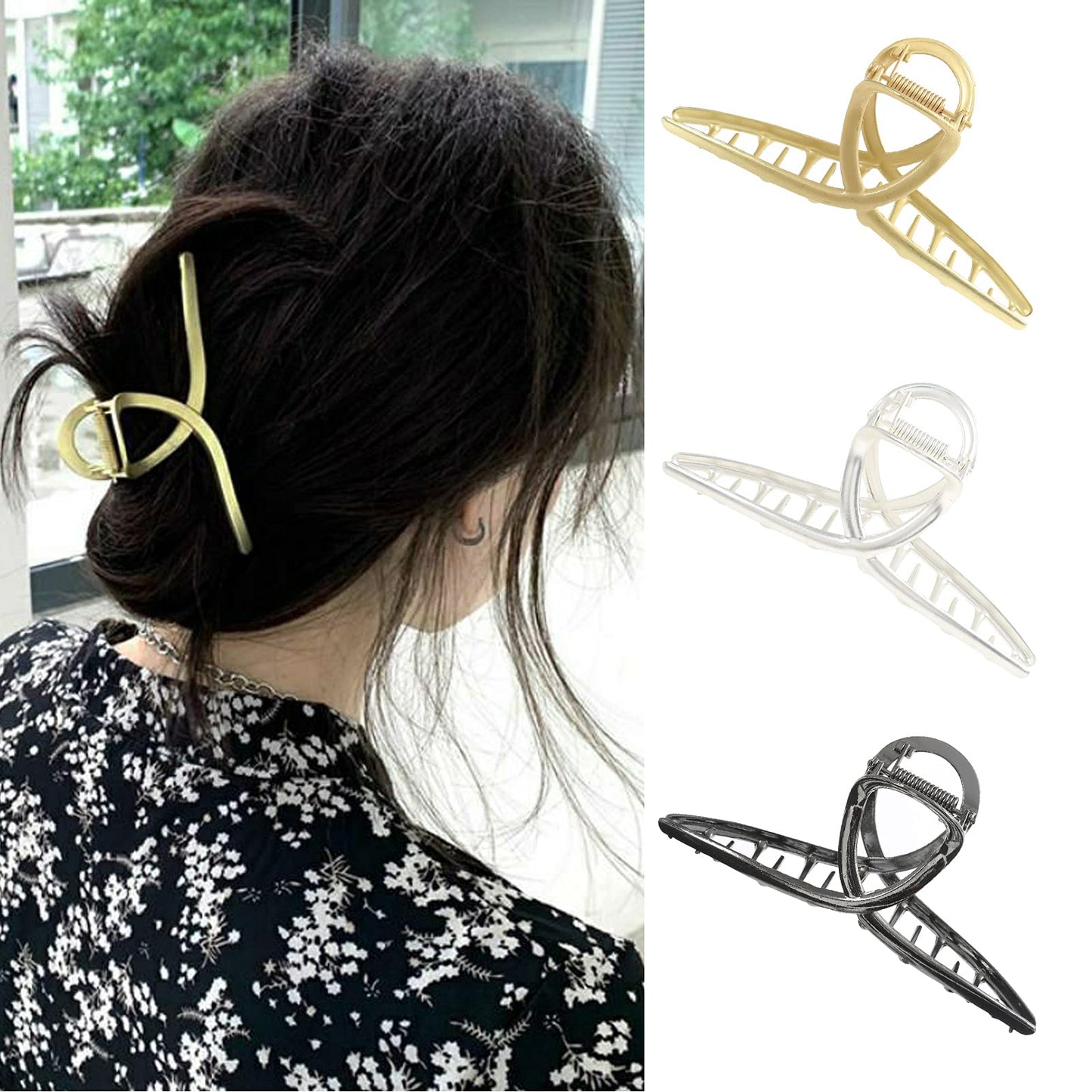 Claw No Slip Hair Clamps And Barrettes - 3 Pcs Geometric Metal Clips (Gray, Gold, Silver) For Women And Girls