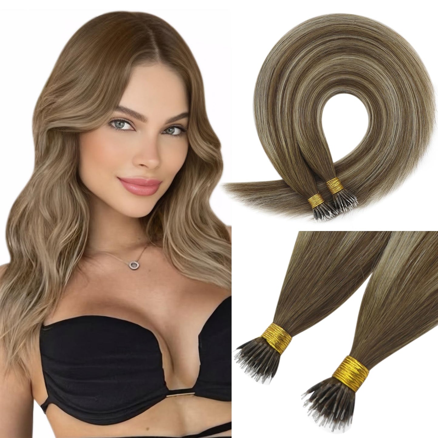 Sunny Hair Nano Bead Hair Extensions Human Hair Brown Balayage Nano Extensions Human Hair Medium Brown To Platinum Blonde Balaya