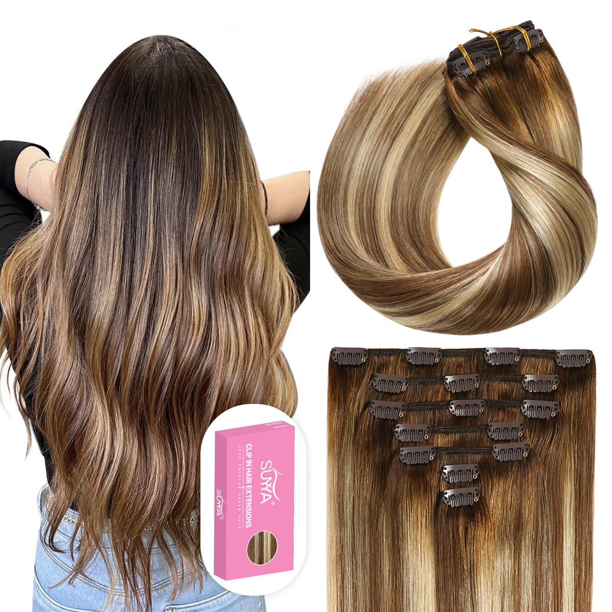 Suyya Clip In Hair Extensions Real Human Hair 18 Inch 120G 7Pcs Hair Extensions Human Hair Clip Ins Straight Double Weft Balayag