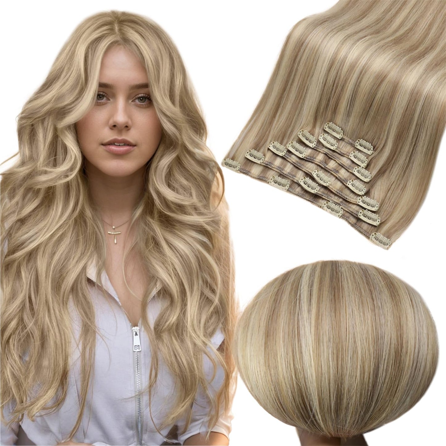 Full Shine Blonde Clip In Human Hair Extensions Beige Blonde Highlights Light Blonde Remy Hair Extensions Clip Ins Double Weft R