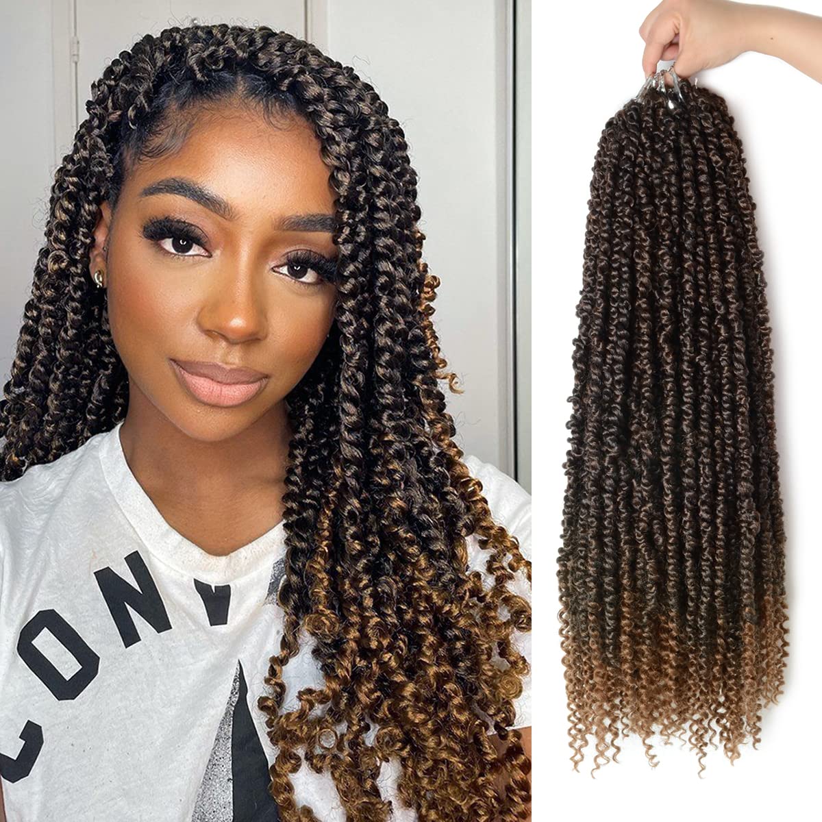 Nice One Pre-Twisted Passion Twist Hair 16 Inch, Long Passion Twist Crochet Hair For Women 8 Packs Pre-Looped Ombre Brown Passio