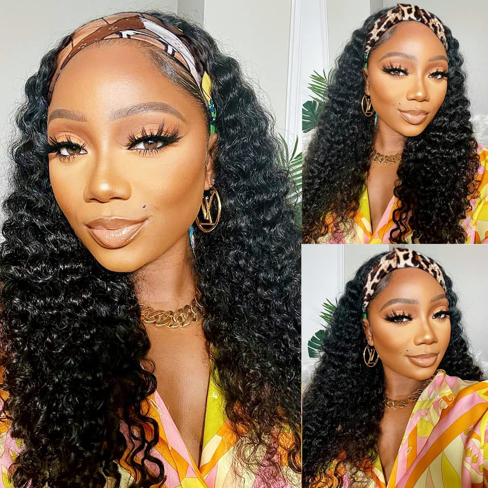 Long Human Hair Headband Wig Curly Headband Wig Deep Wave Wear And Go Glueless None Lace Human Hair Wigs Natural Color(28 Inches