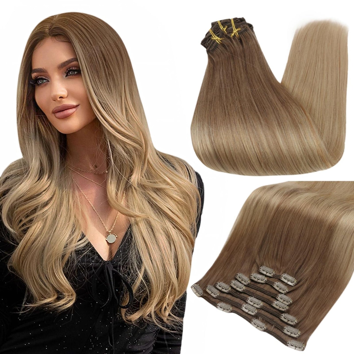 Full Shine Clip In Hair Extensions Golden Brown Fading To Dirty Blonde 16 Inch Real Remy Hair Clip In Extensions Durable Human H