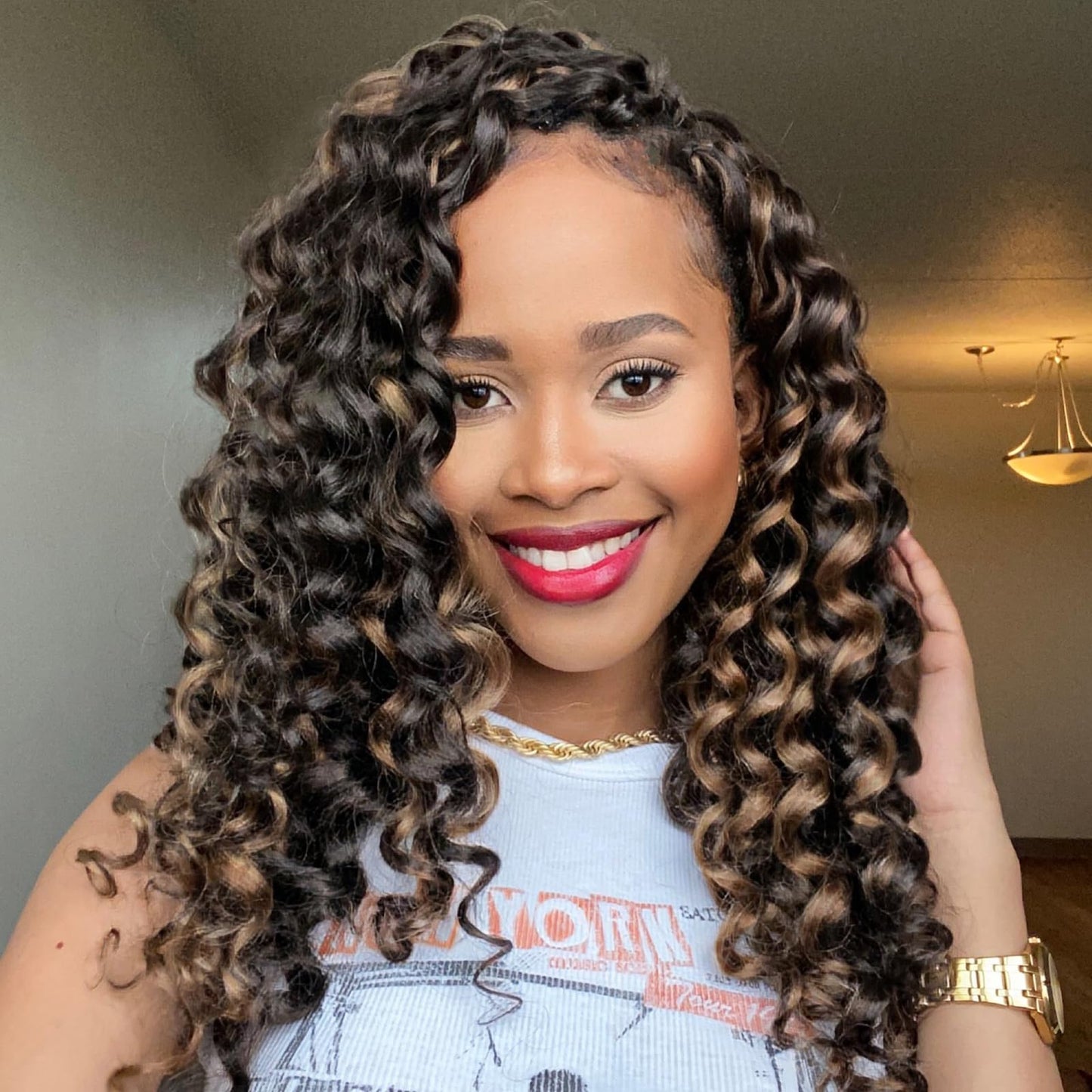 Toyotress Beach Curl Crochet Hair - 8 Inch 8 Packs Brown Highlight Ocean Wave Crochet Hair, Short Curly Wave Wavy Braids For Bla