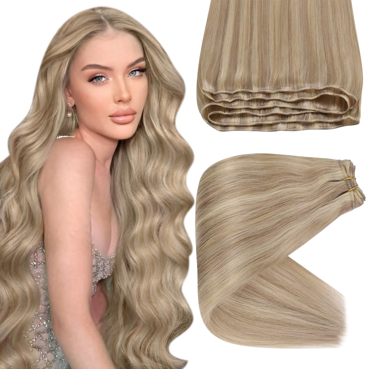 Sunny Weft Hair Extensions Human Hair Highlights Sew In Extensions Dark Ash Blonde Roots Golden Blonde Human Hair Weft Extension