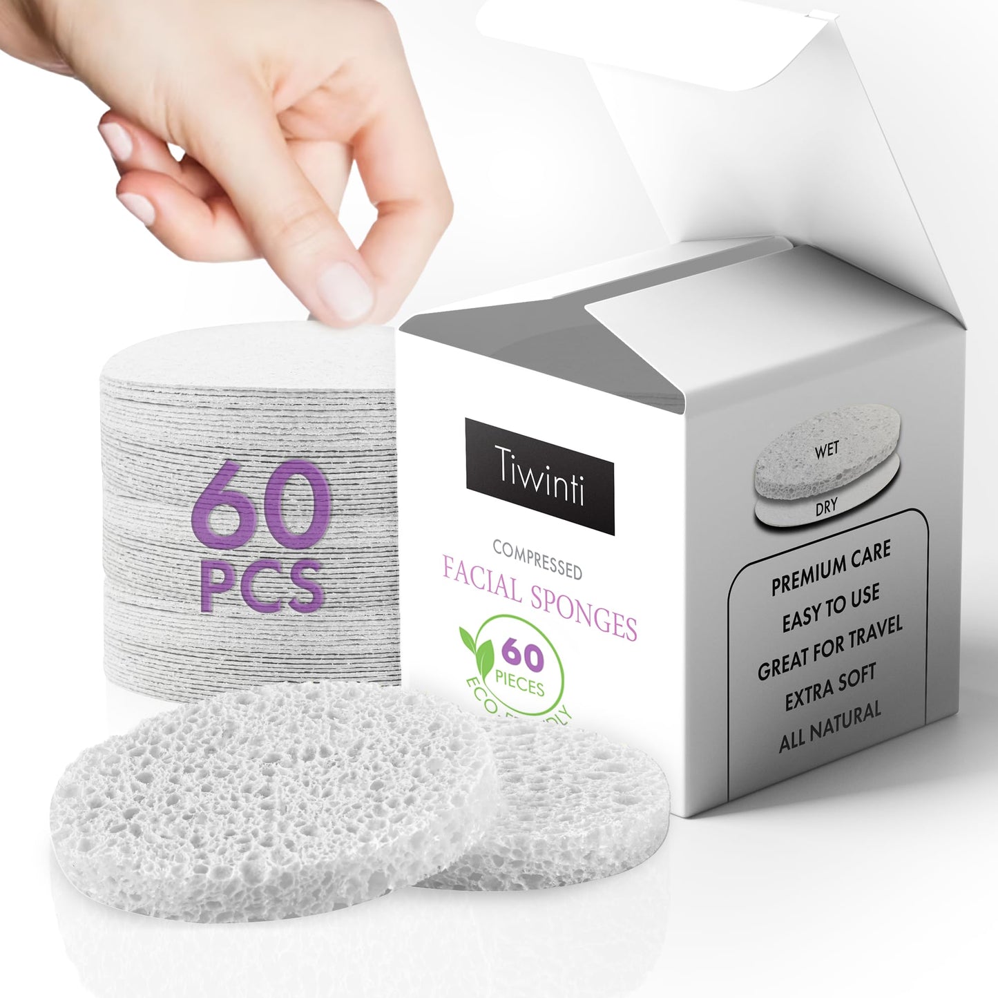 Tiwinti Compressed Facial Sponges,100% Cellulose, Natural Wood Pulp. For Estheticians, Cosmetic Spa Sponges Exfoliating, And Dai