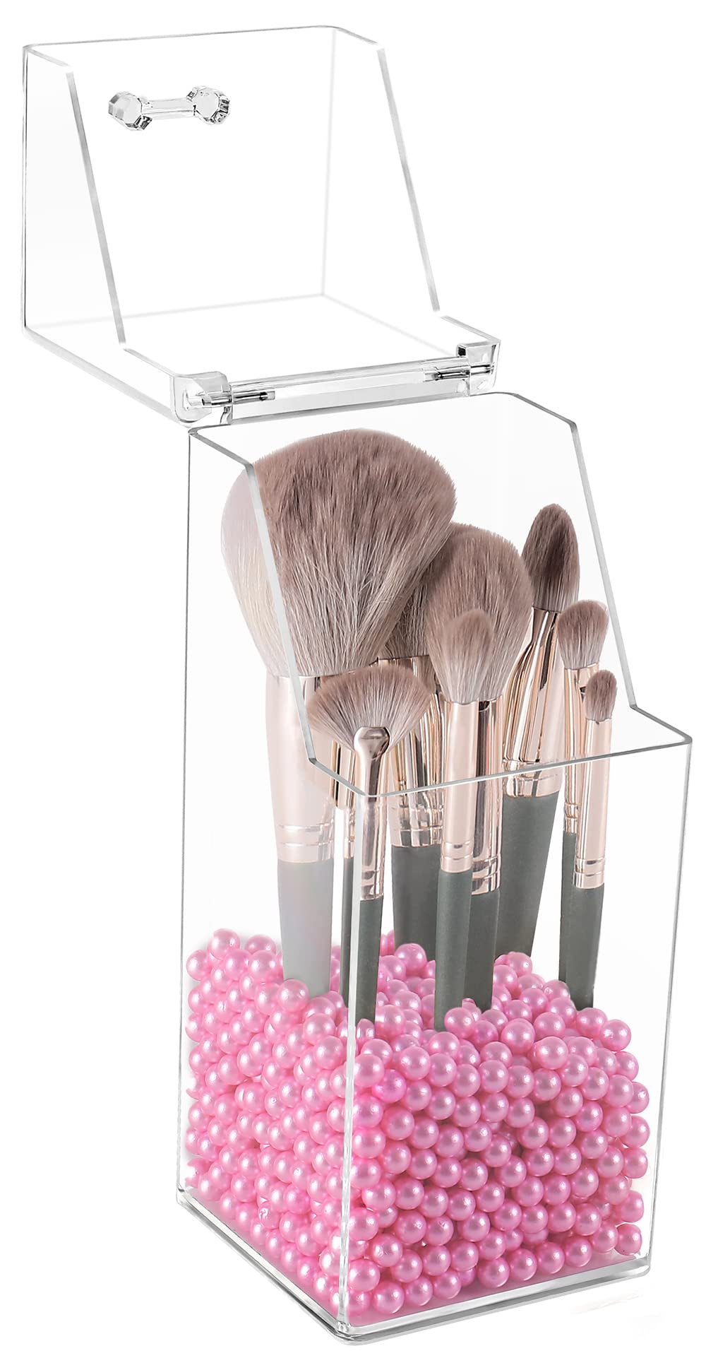 Sooyee Makeup Brush Holder,Makeup Brush Organizer With 8Mm Pink Pearls,Dustproof Makeup Brush Holder With Lid