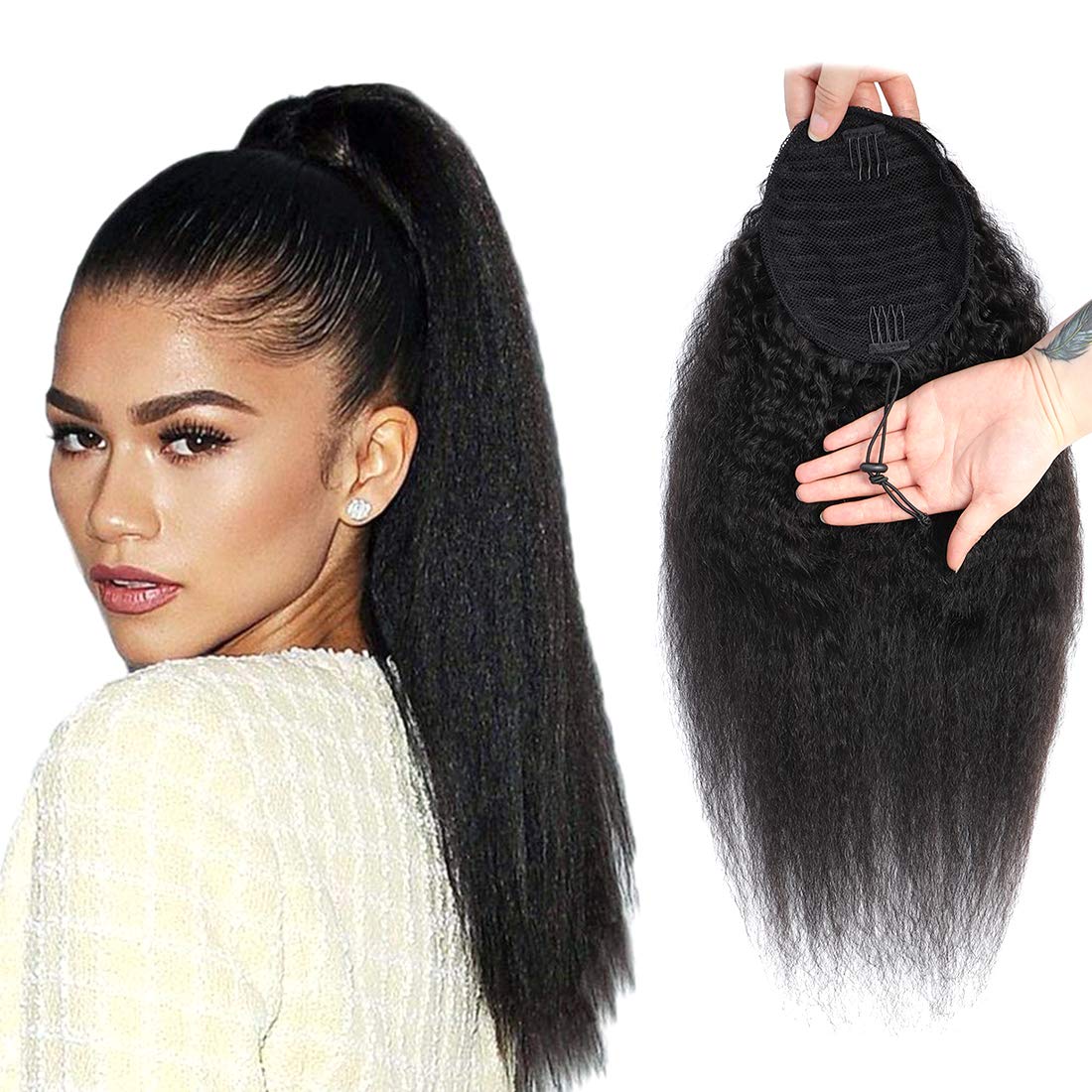 Human Hair Ponytail Extension For Black Women Drawstring Kinky Straight 14Inch Natrual Black Clip In Wig Afro 10A Grade Brazilia