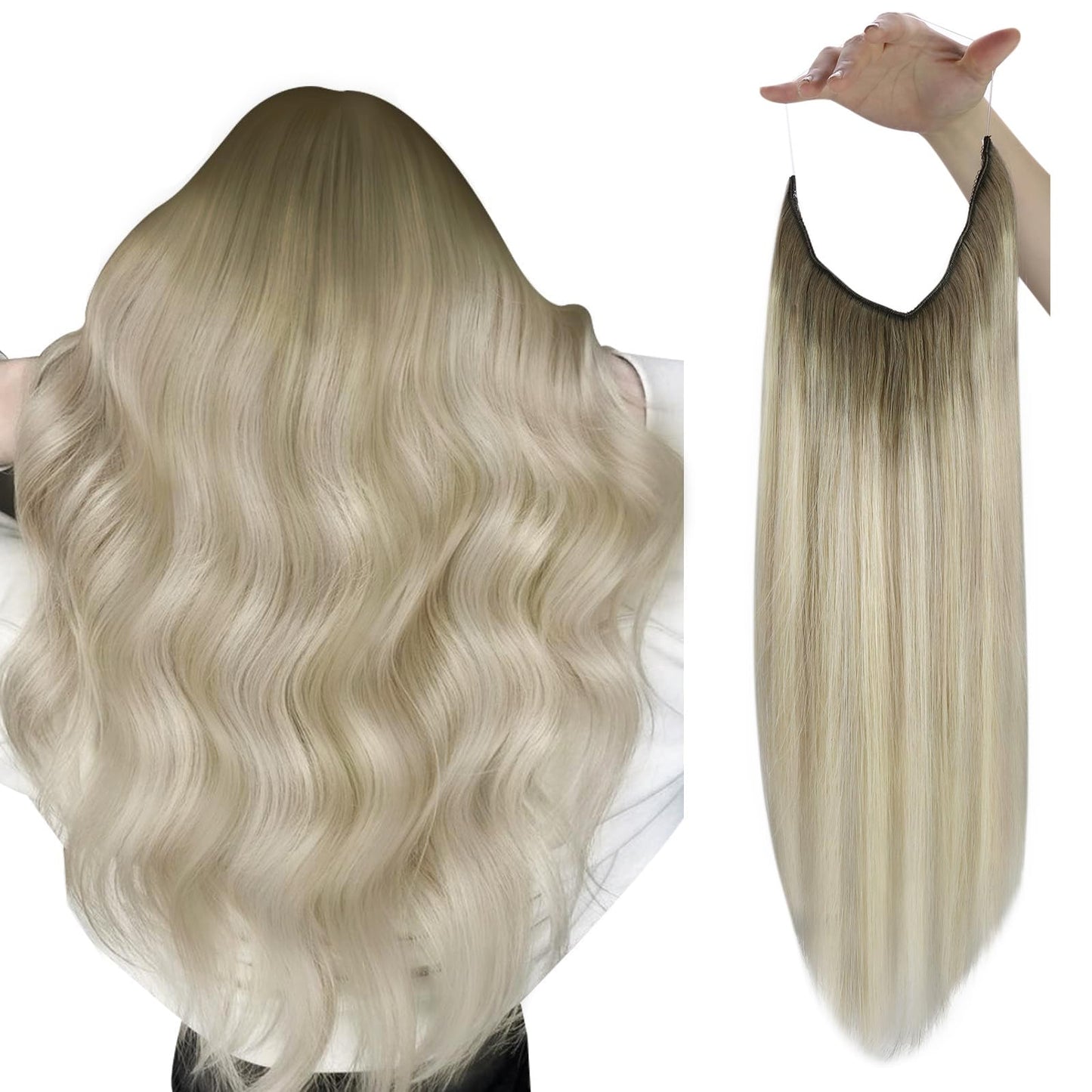 Sunny Real Human Hair Wire Hair Extensions Ombre Invisible Wire Human Hair Extensions Light Ash Blonde To Platinum Blonde Ombre