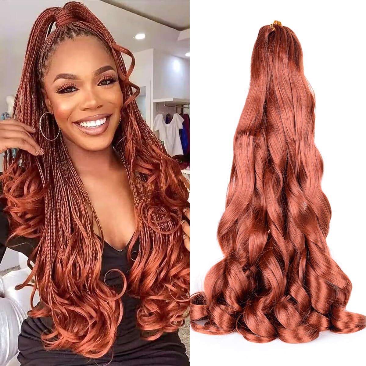 French Curly Braiding Hair,Loose Wavy Pre Stretched Synthetic Spiral Curly Crochet Braiding Hair 350# Ginger Synthetic 75G/Pack