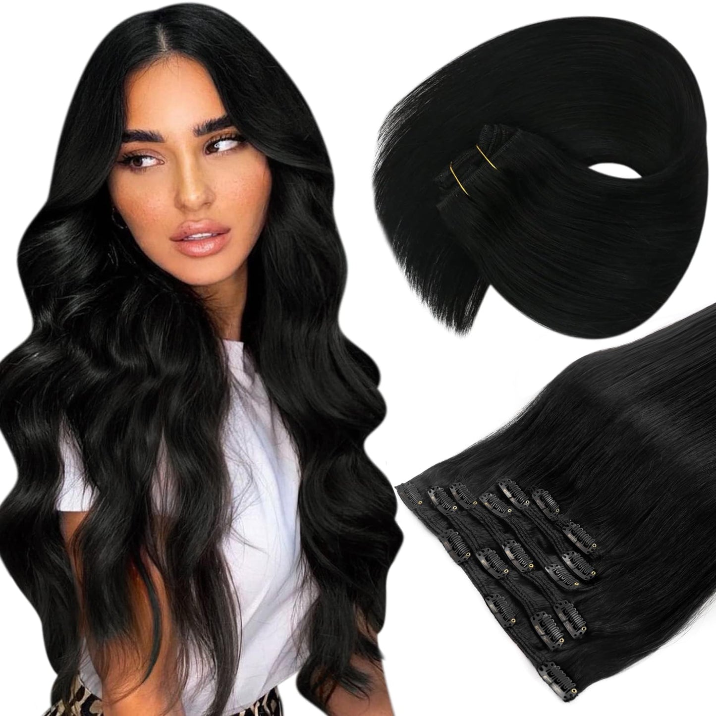 Sunny Long Clip In Hair Extensions Real Human Hair Black Hair Extensions Clip Ins Straight Jet Black Clip On Hair Extensions Hum