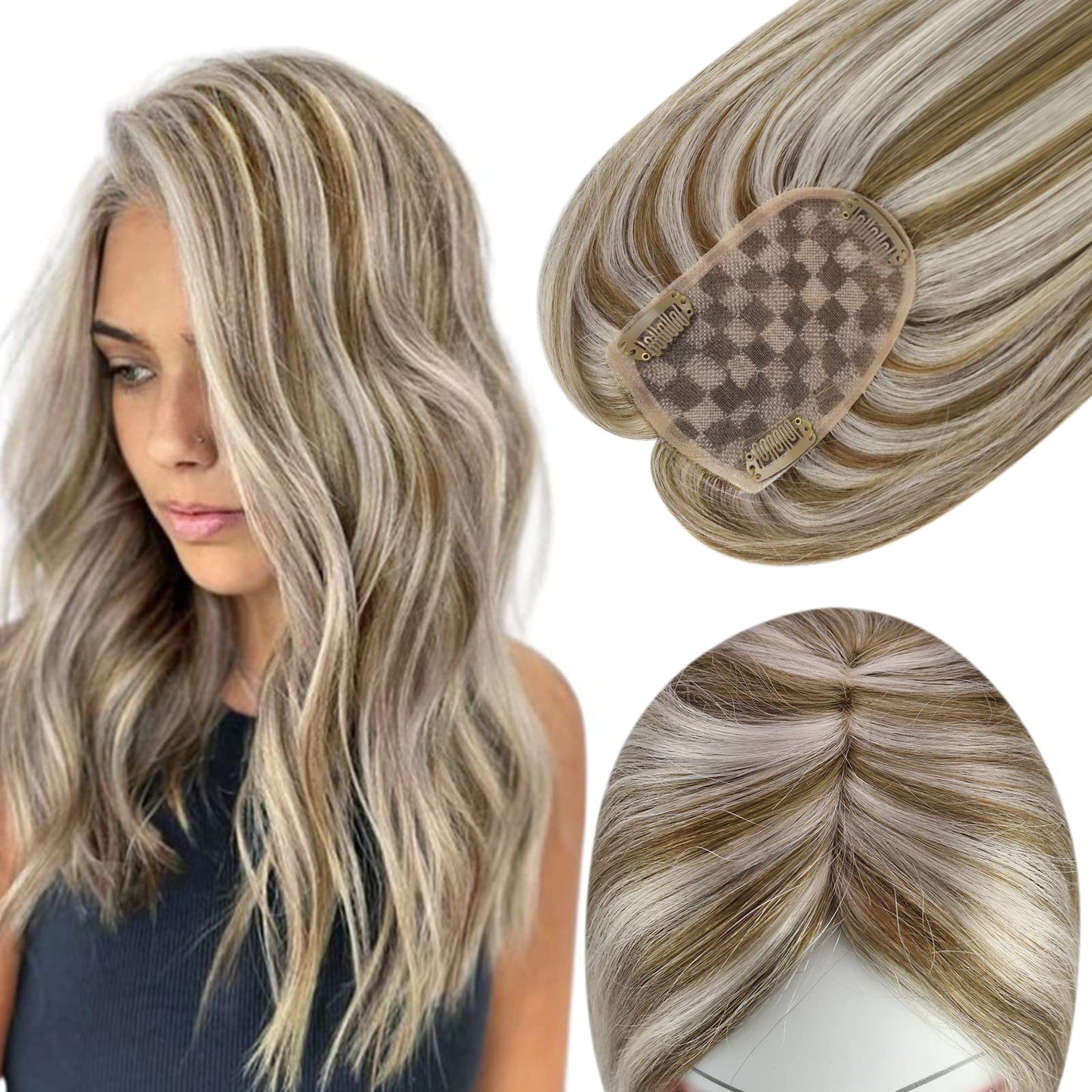 Full Shine Blonde Clip In Hair Topper For Women Wiglet Real Human Hair Piece 3X5 Inch Mono Base Hairpiece No Bangs For Thinning