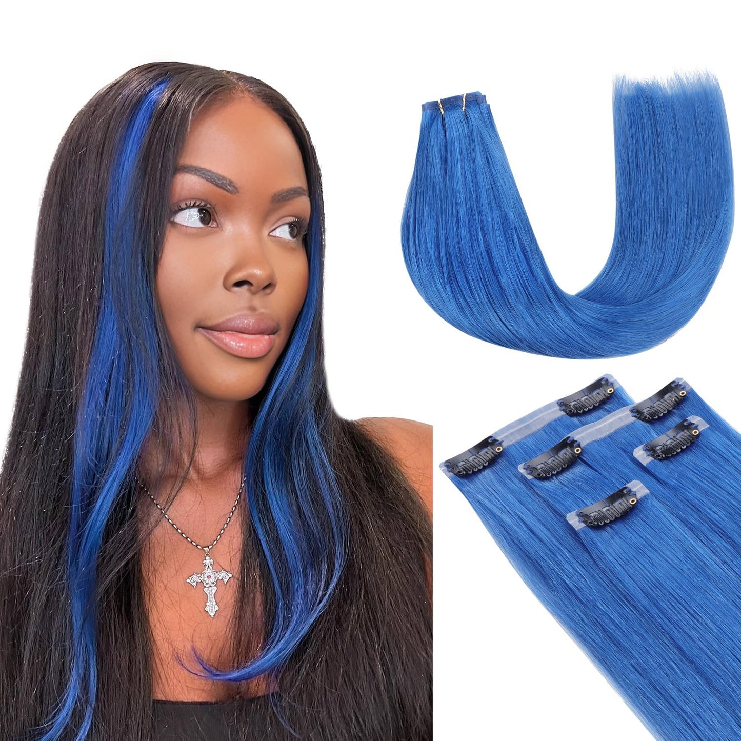 Lashey Clip In Hair Extensions Real Human Hair 50G 4Pcs Blue Straight Seamless Clip In Hair Extensions Human Hair 22 Inch Hair E