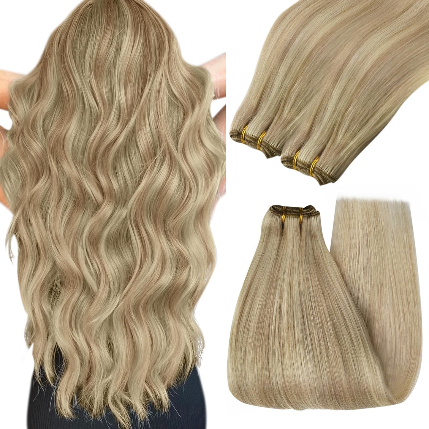 Youngsee Sew In Hair Extensions Real Human Hair Blonde Highlight Soft Weft Human Hair Extensions Dark Ash Blonde Highlighted Lig