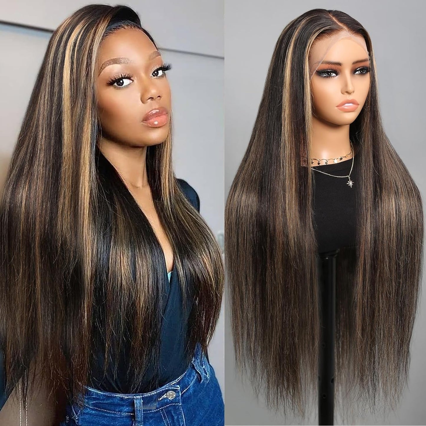 Superlook Real Bleached Knots Highlight Lace Front Wigs Human Hair 240% Density Balayage Glueless Wigs Human Hair 34 Inch 13X4 O