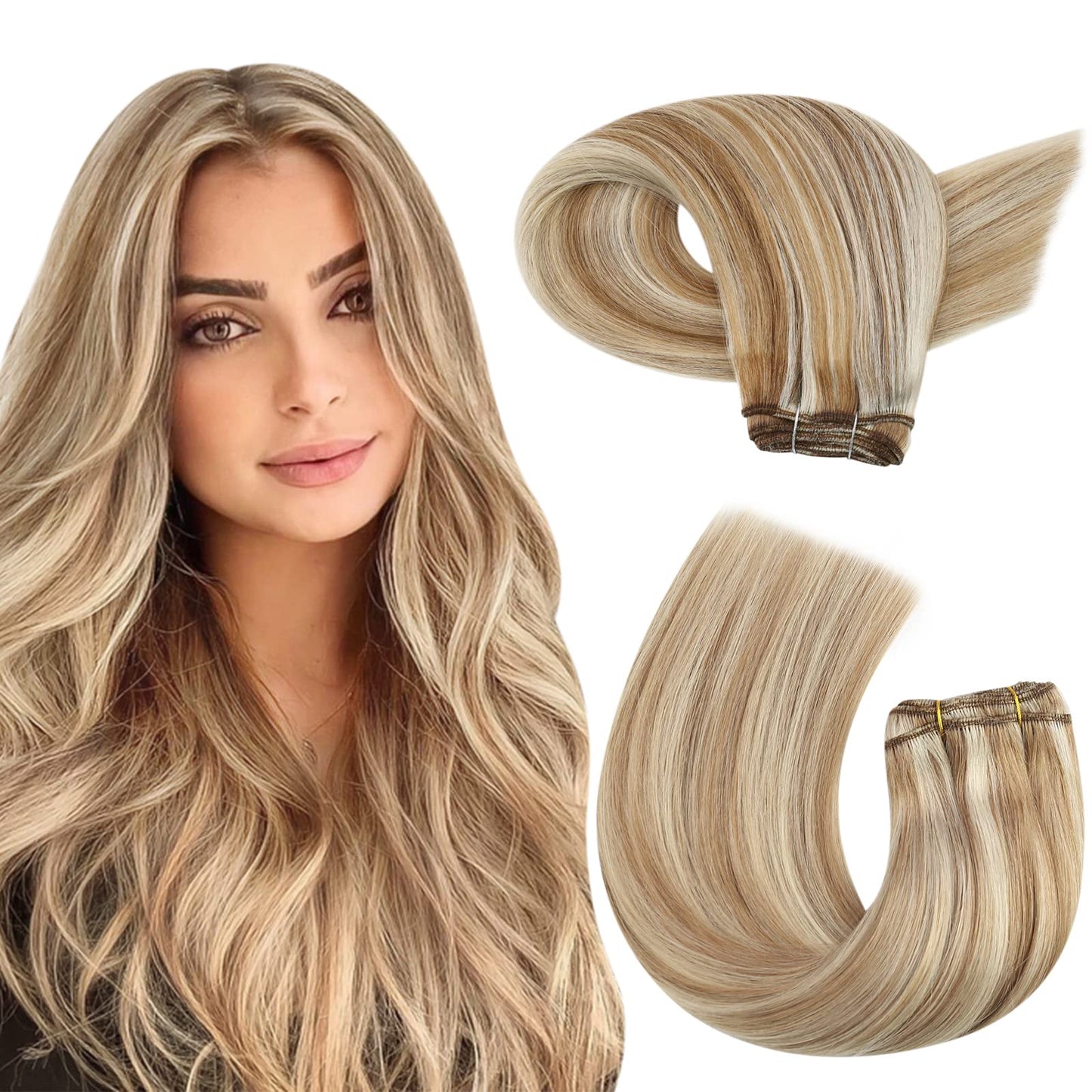 Moresoo Sew In Hair Extensions Real Human Hair Blonde Highlight Hair Wefts Human Hair Sew In Extensions Medium Brown Highlighted