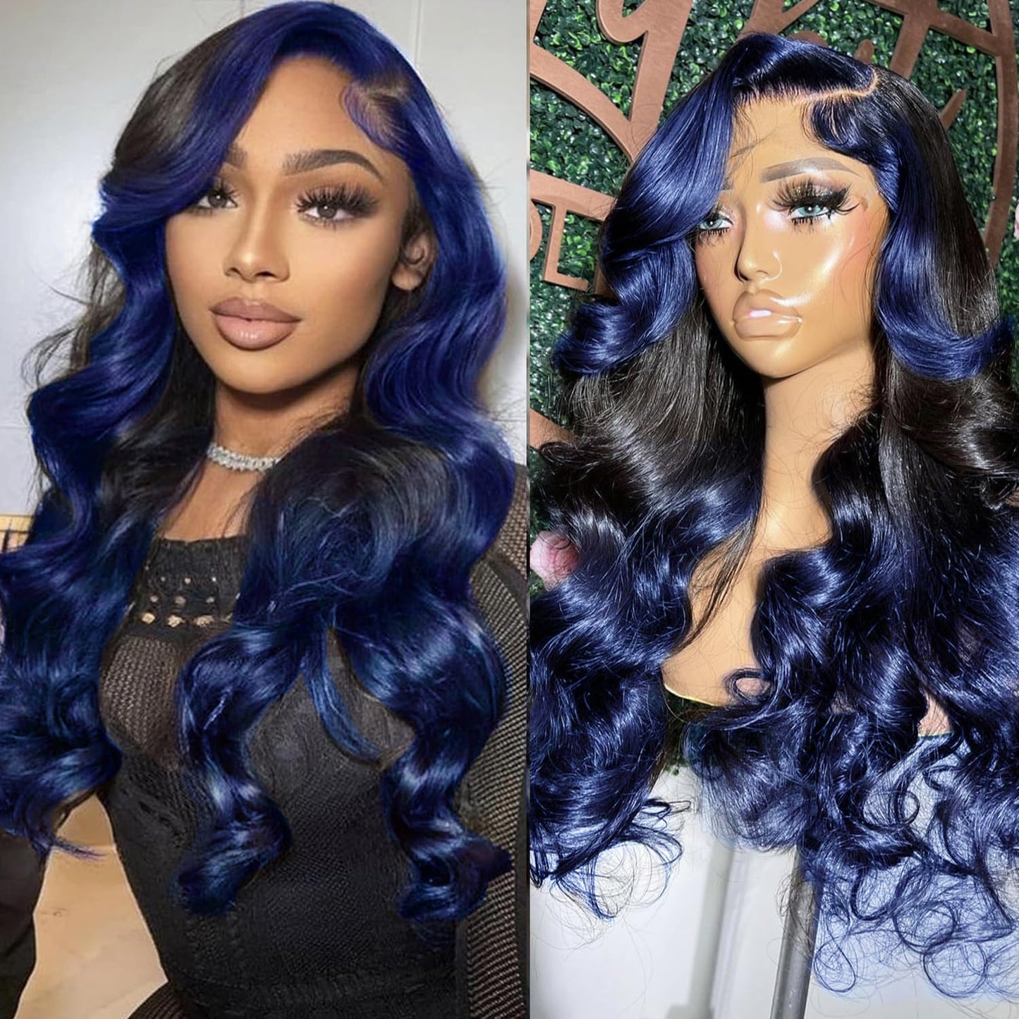 Yms Ombre Blue Human Hair Wig, 180% Density, Body Wave, 24 Inches, Lace Front, Glueless, Pre-Plucked, Transparent Swiss Lace, Wi