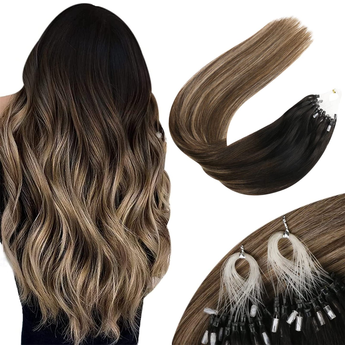 Sunny Hair Micro Link Hair Extensions Human Hair Black Micro Beads Hair Extensions Black Balayage Dark Brown Ombre Medium Ash Bl