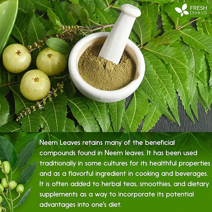 FreshDrinkUS, Premium 2oz Neem Leaf Powder, 100% Natural and Pure from Neem Leaves Dried, for Hair and Skin, No Additives, No Gluten, No Sugar, Vegan