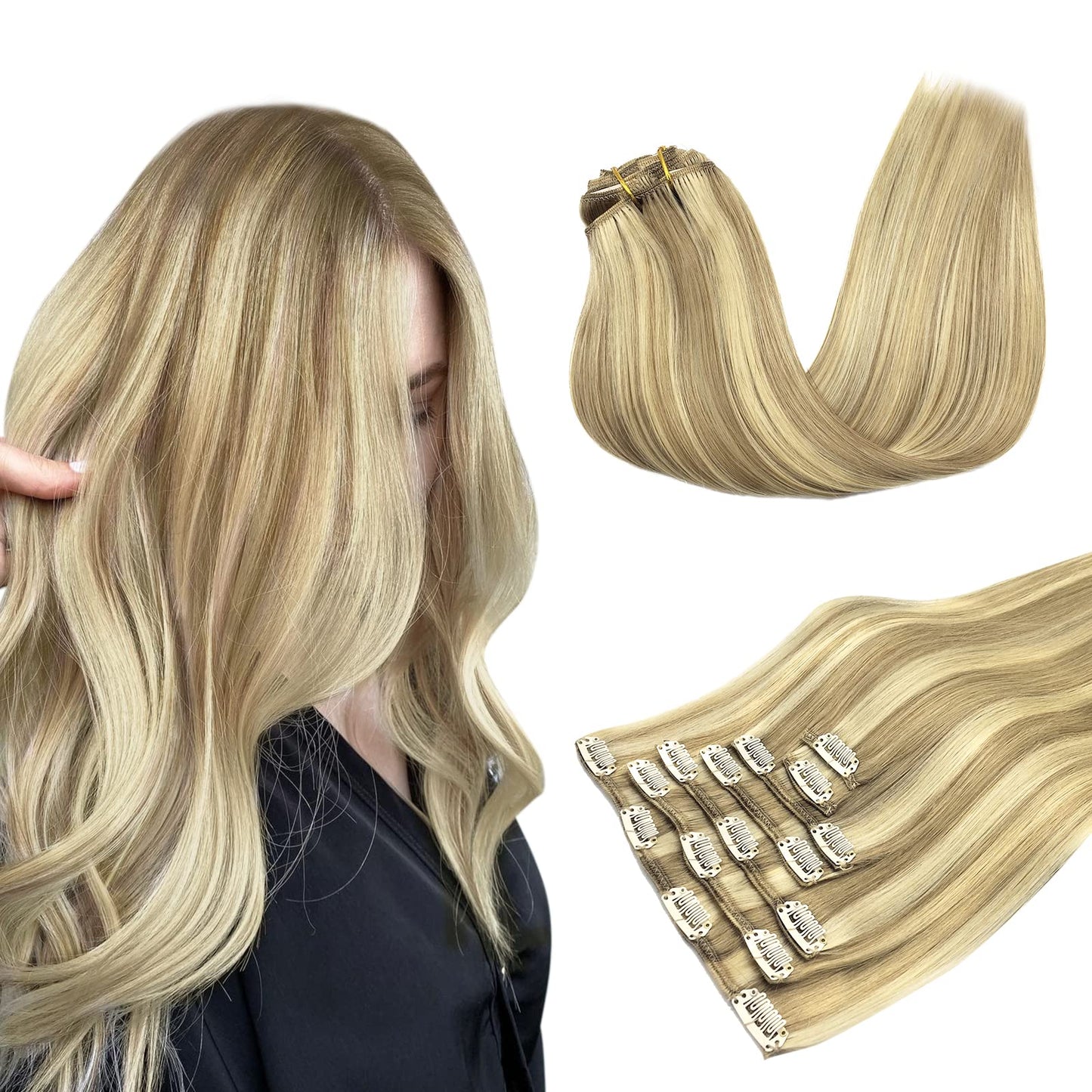 Hair Extensions Clip In Human Hair, 120G 7Pcs 18 Inch, Maxita Light Blonde Highlighted Golden Blonde Clip In Hair Extensions Rea