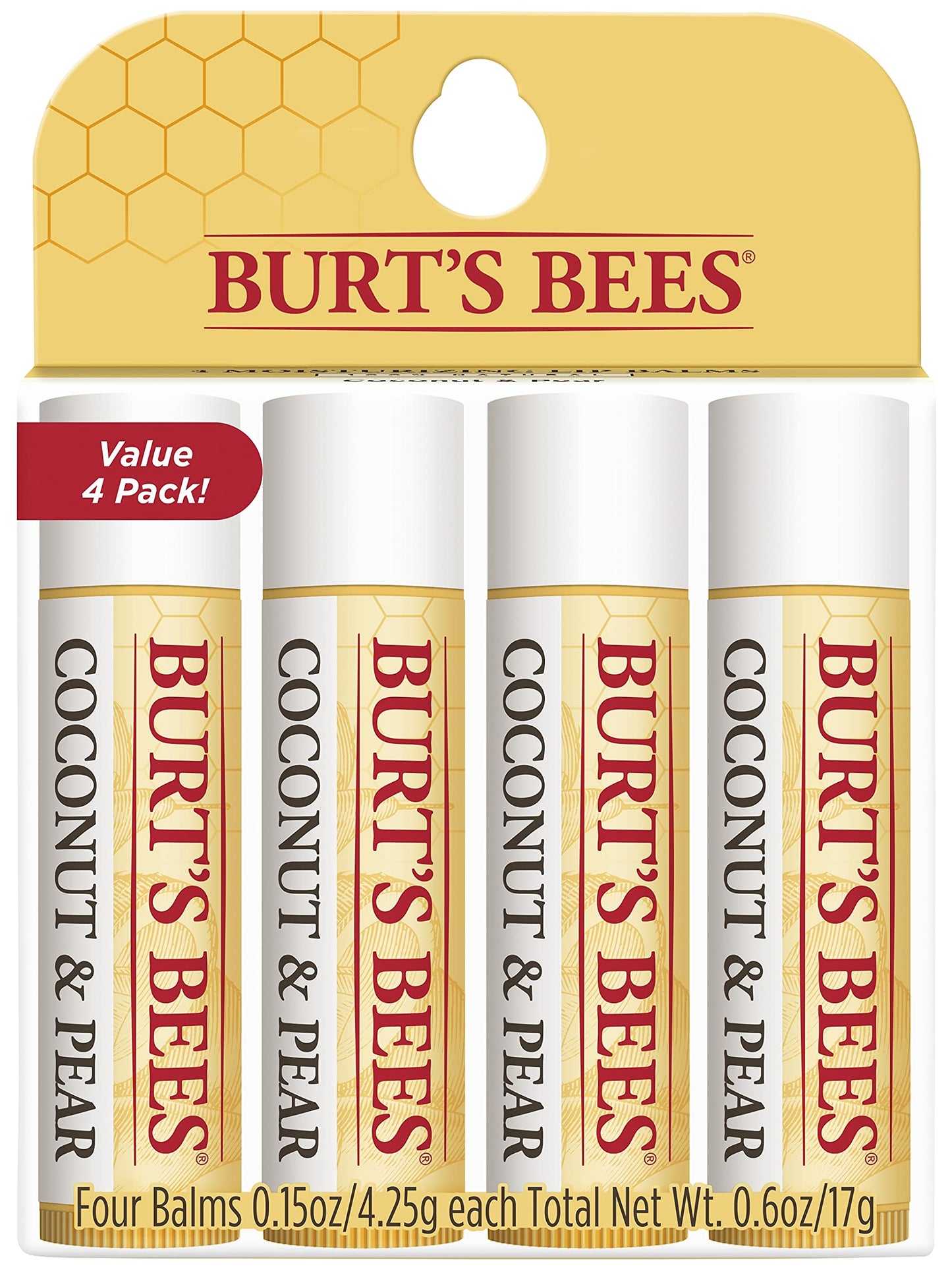 Burt 'S Bees 100% Natural Moisturizing Lip Balm, Coconut & Pear With Beeswax & Fruit Extracts, 4 Tubes