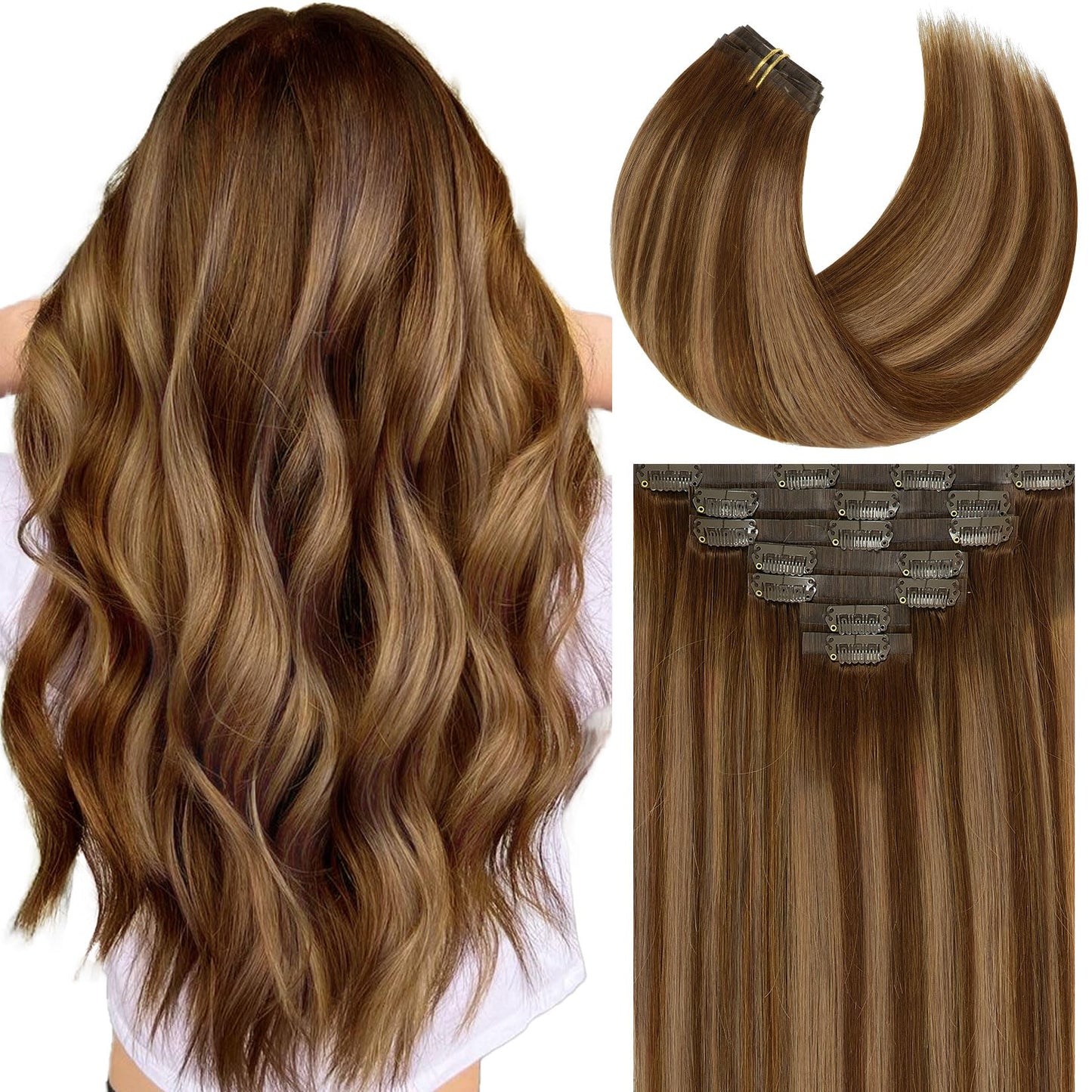 Caliee Brown Clip In Hair Extensions Real Human Hair Invisible Pu Weft Clip In Hair Extensions R4-4/27 Highlighted Chocolate Bro