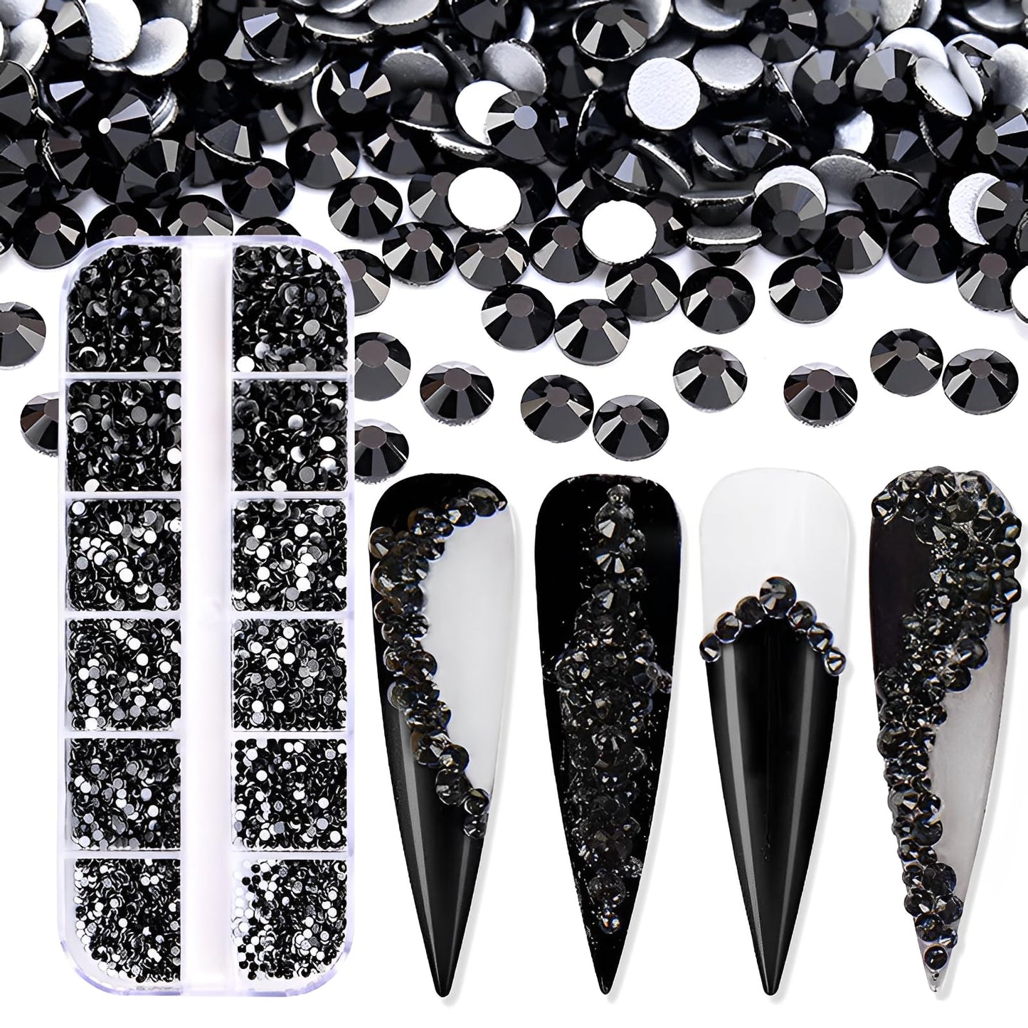 Jollin 3600Pcs Flatback Rhinestones Glass Charms Diamantes Gems Stones For Nail Art 6 Size Ss4~Ss12 Box Jet