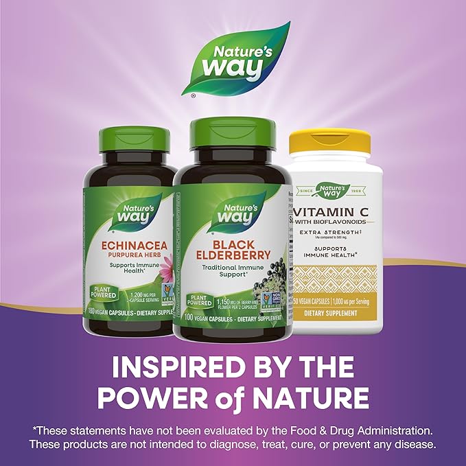 Nature's Way Black Elderberry Supplement, Traditional Immune Support*, With Elderberry and Elderflower, Plant Powered, 100 Capsules (Packaging May Vary)