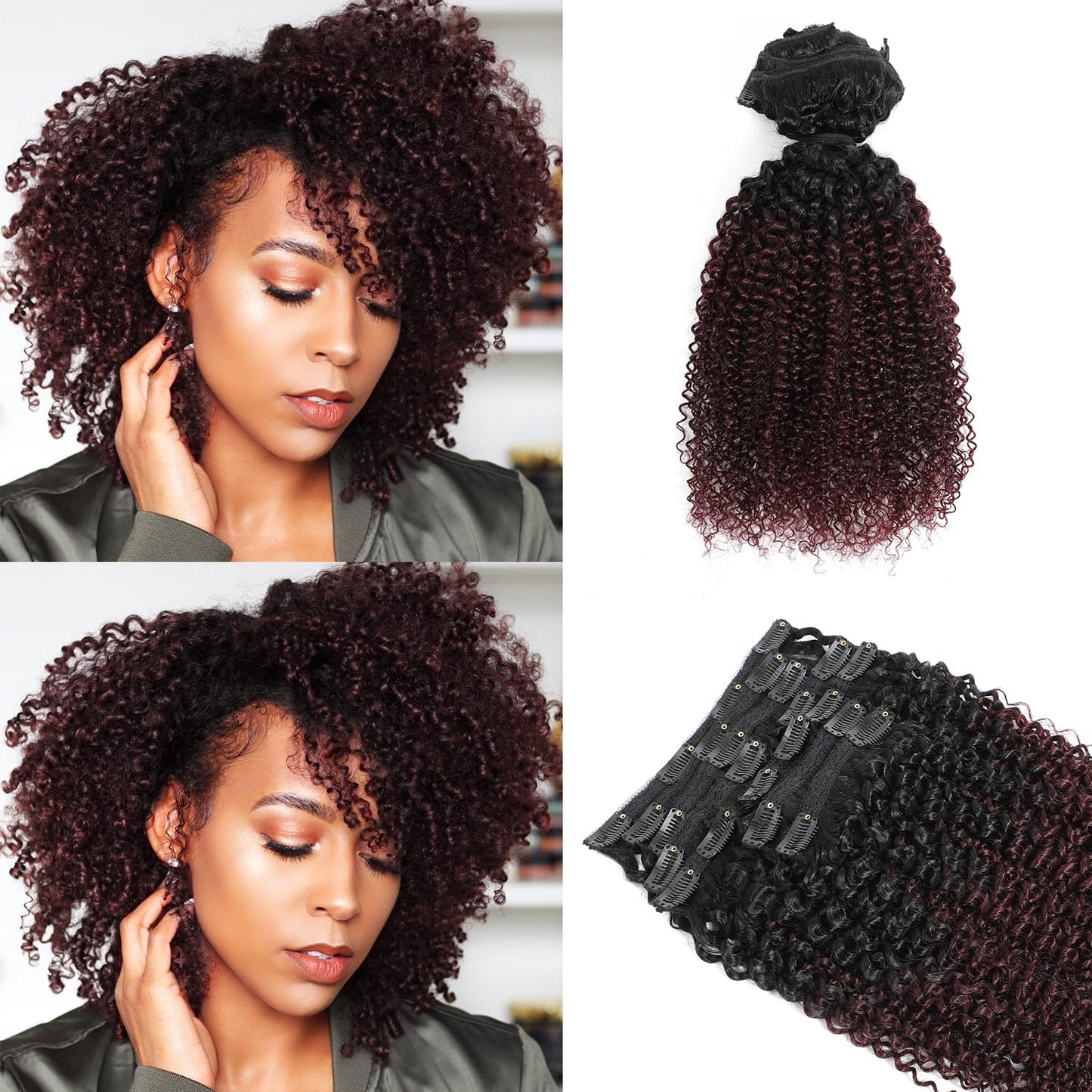 Urbeauty 1B/99J Clip In Hair Extensions Real Human Hair Black Women, 1B/Burgundy Kinky Curly Clip Ins Hair Extensions For Women/