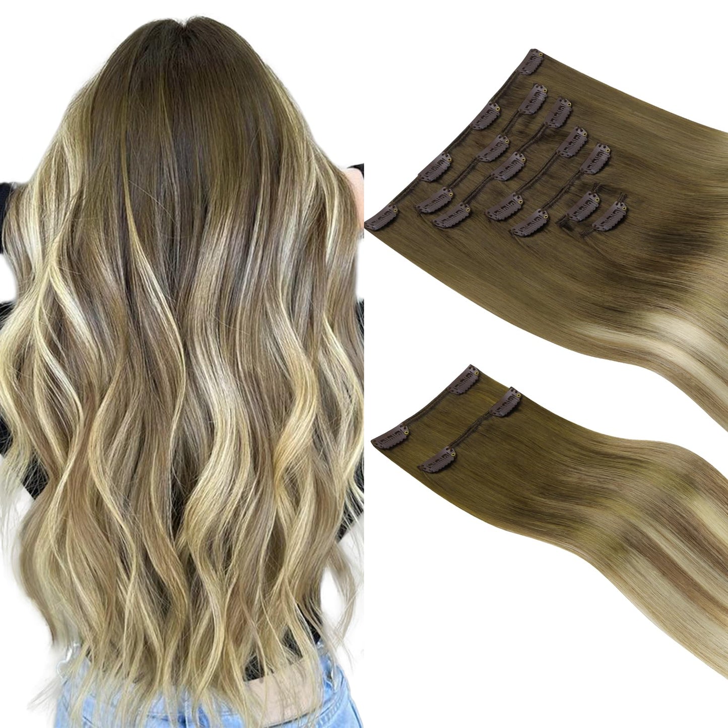 Hotbanana Clip In Hair Extensions Real Human Hair 140G 9Pcs 18 Inch Walnut Brown To Ash Brown And Bleach Blonde Clip In Human Ha