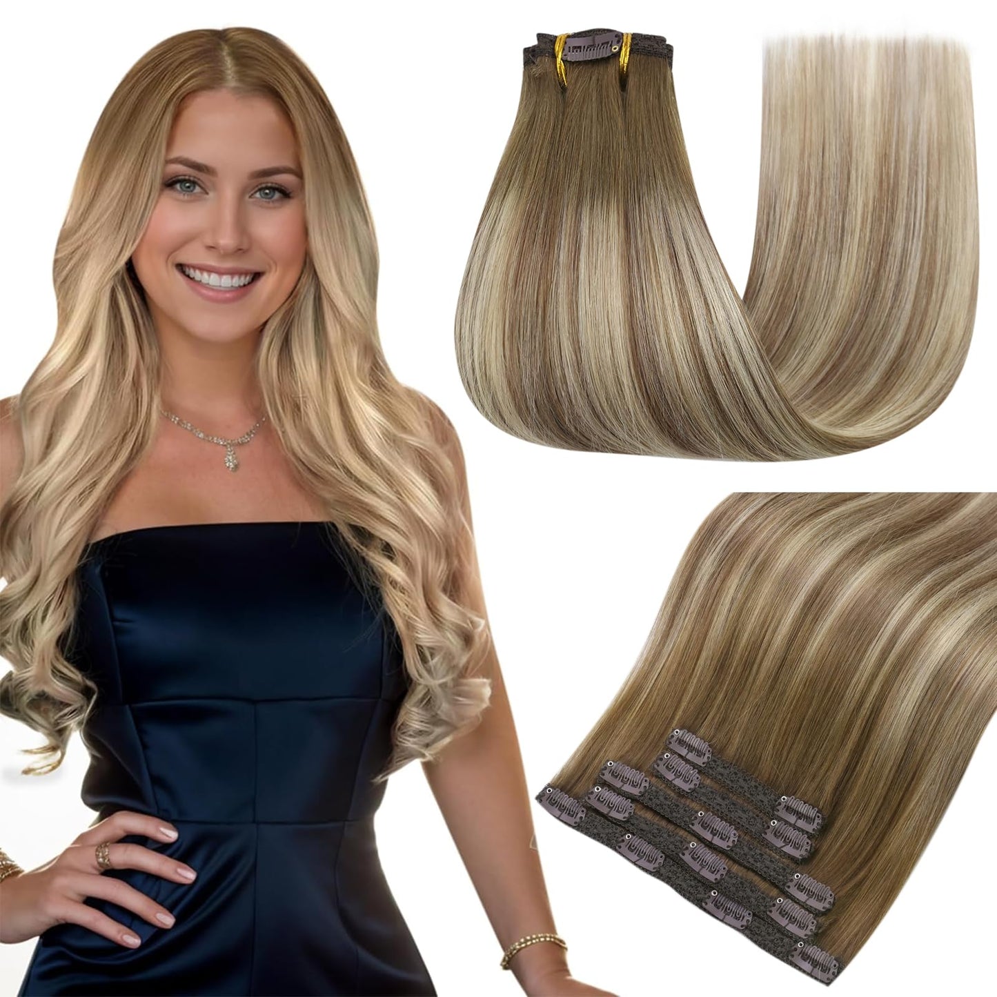 Easyouth Clip In Hair Extensions Real Human Hair Remy Clip In Extensions Ombre Darker Brown Fading To Dirty Brown Mixed Blonde H
