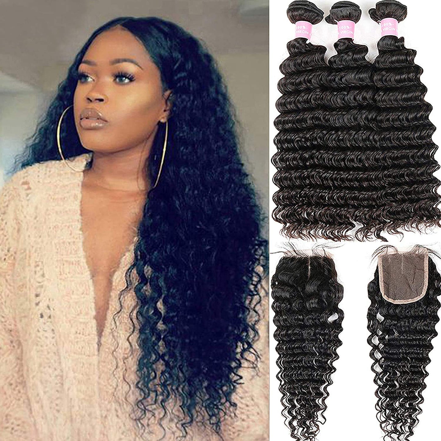 Brazilian 9A Deep Wave Bundles With Closure 4 4 Lace Mixed Length Hair Bundles Natural Color For Black Women (18 20 22 24+16)