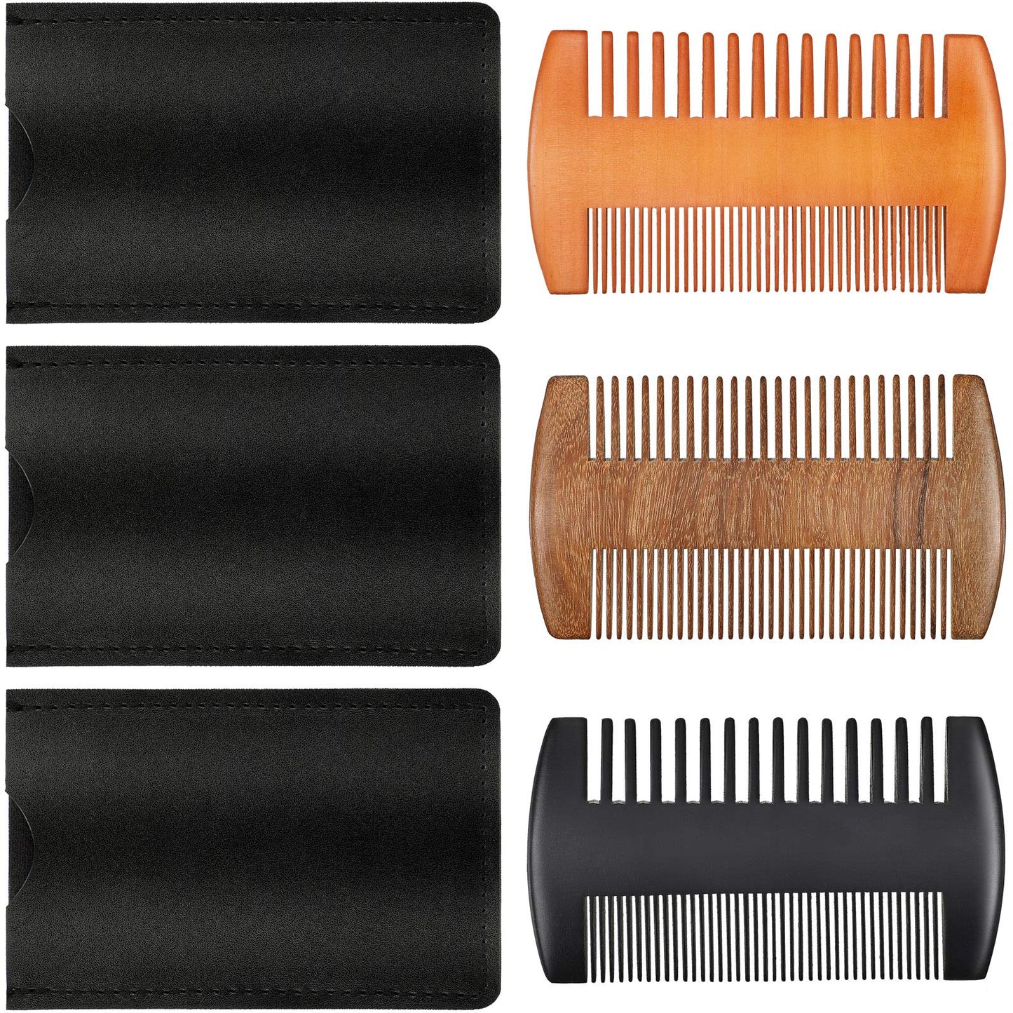 Natural Sandalwood Wooden Dual Action Beard And Mustache Comb Set With Leather Cases For Beards And Mustaches (Black, Yellow, Br