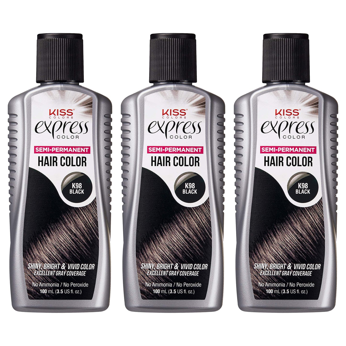 Kiss Express Semi-Permanent Hair Color 100Ml (3.5 Us Fl.Oz) (3 Count, Black)