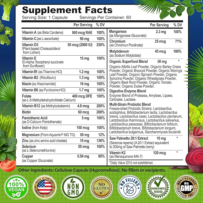 Men's Daily Multivitamin – Vegan Methylated Multivitamin for Men with Saw Palmetto, Biotin, Organic Superfoods, Probiotics & Enzymes – Energy, Gut & Optimal Health Support – Easy to Swallow Capsules