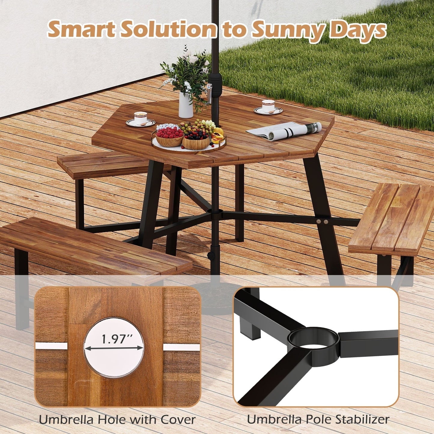 Gymax 6 Person Acacia Wood Picnic Table Bench Set w/3 Seats Umbrella Hole Metal Frame