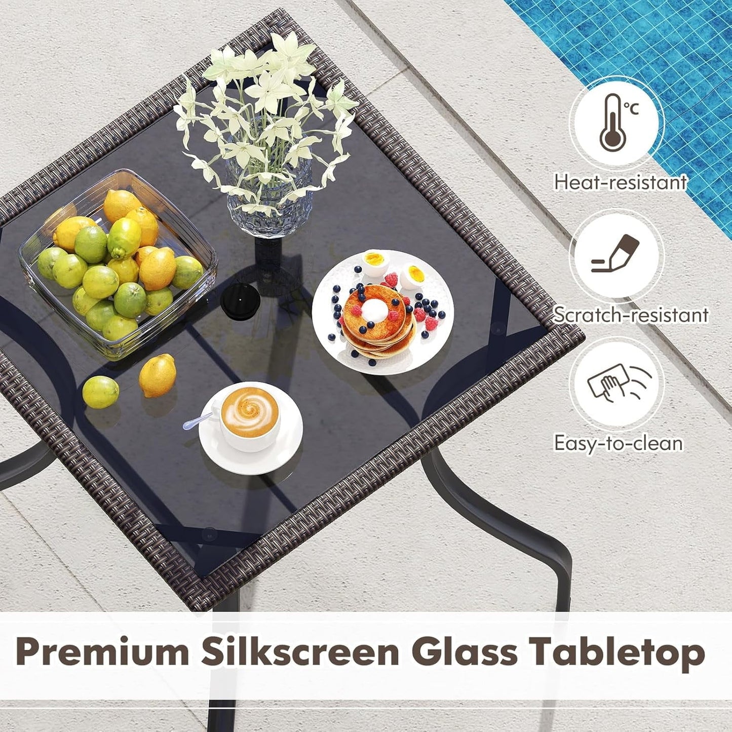 ZOPan 37” Height Bistro Table with Umbrella Hole, Tempered Glass Top & Wicker Covered Edge, Counter Height Square Outdoor Bar Table for Garden, Patio, Poolside & Deck