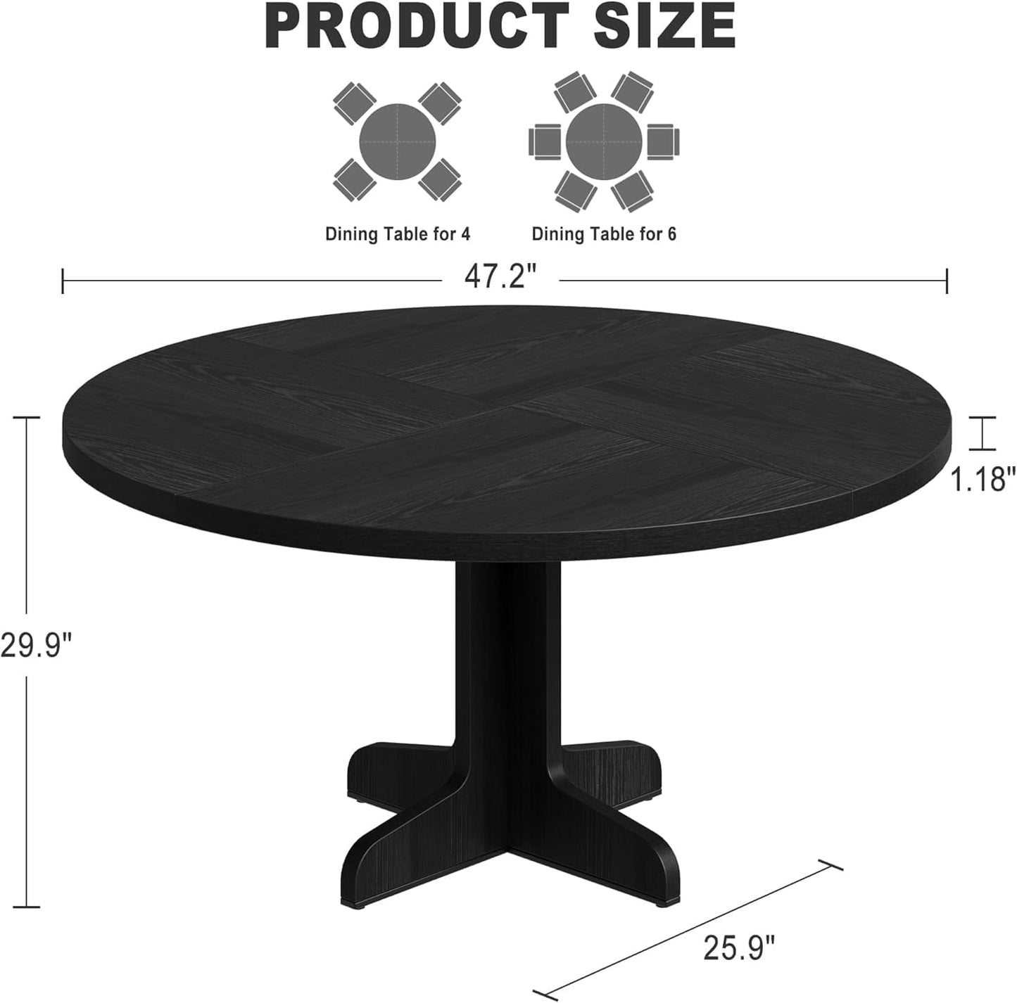 Round Dining Table for 4, 47 in Rustic Kitchen Table with Wooden Base, Sturdy Metal Frame, Multifunctional Design, Easy Assembly for Dining Room, Living Room, Farmhouse Decor