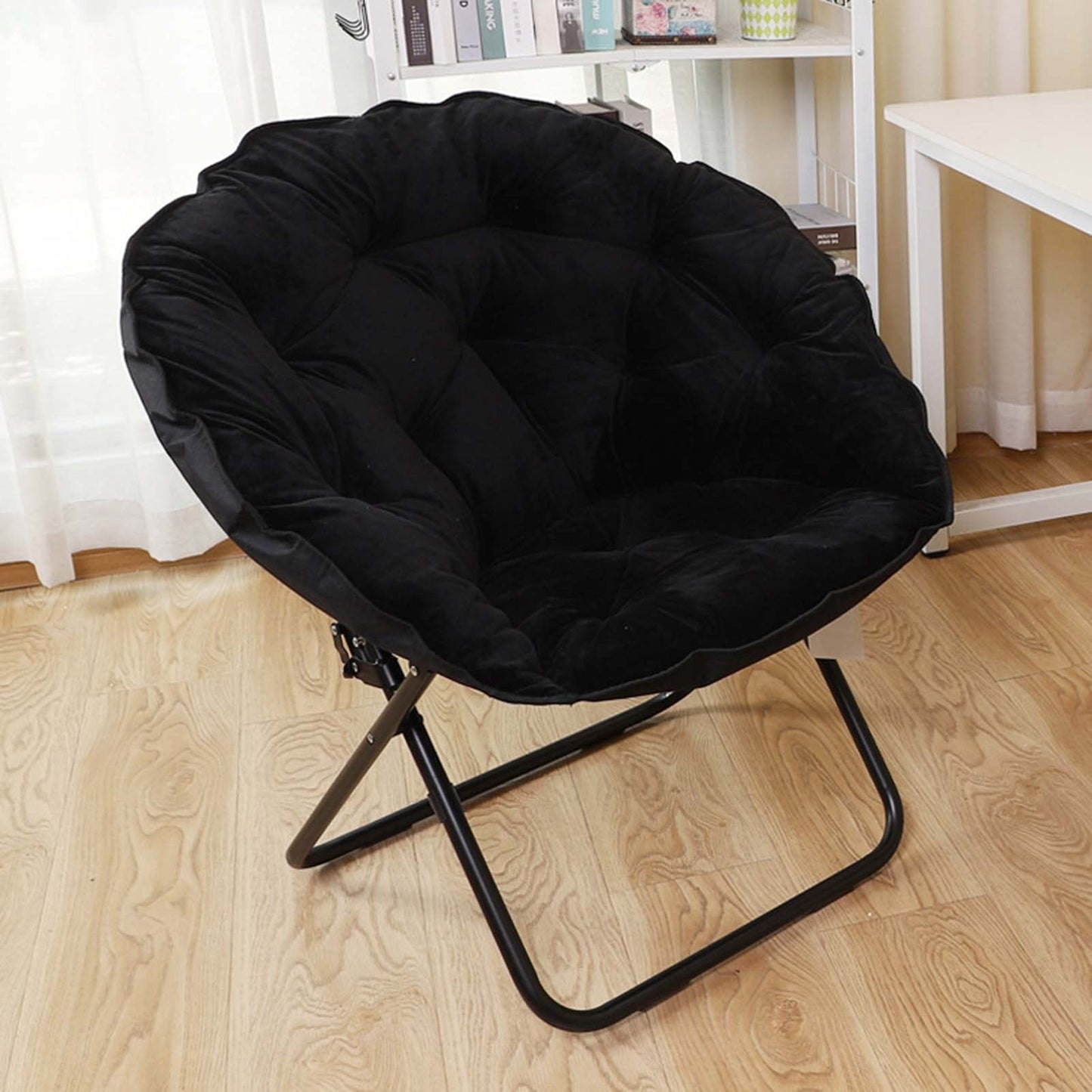 Xssm Folding Chair for Adults Portable Outdoor Lawn Chairs Saucer Chair with Metal Frame Soft Cushion Quiet Seat Enhanced Stability Bedroom Living Rorm Apartments Lounging Courtyard Moon Chair