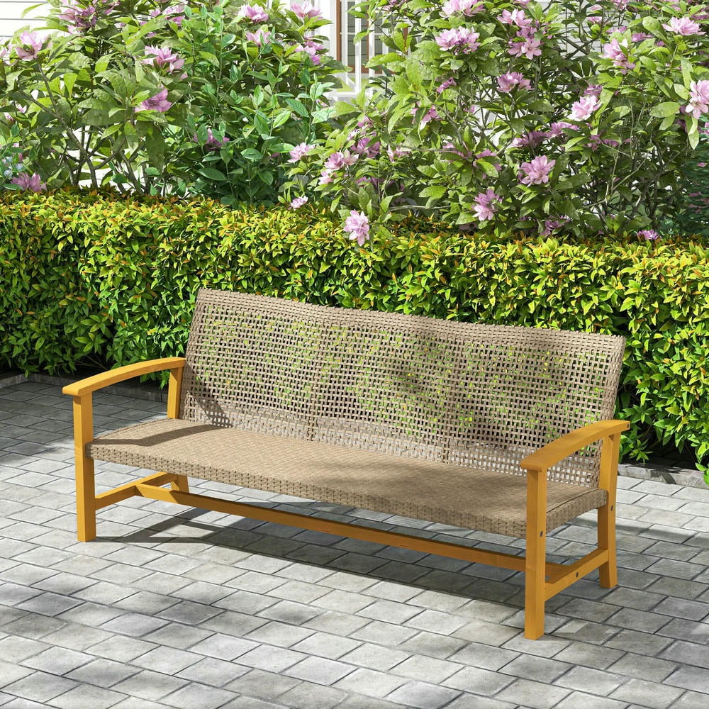 Barara King Patio Outdoor Sofa,3-Seat Wicker Outdoor Couch Patio Sofa, Acacia Wood Patio Furniture with Steel Seat Armrests, Teak