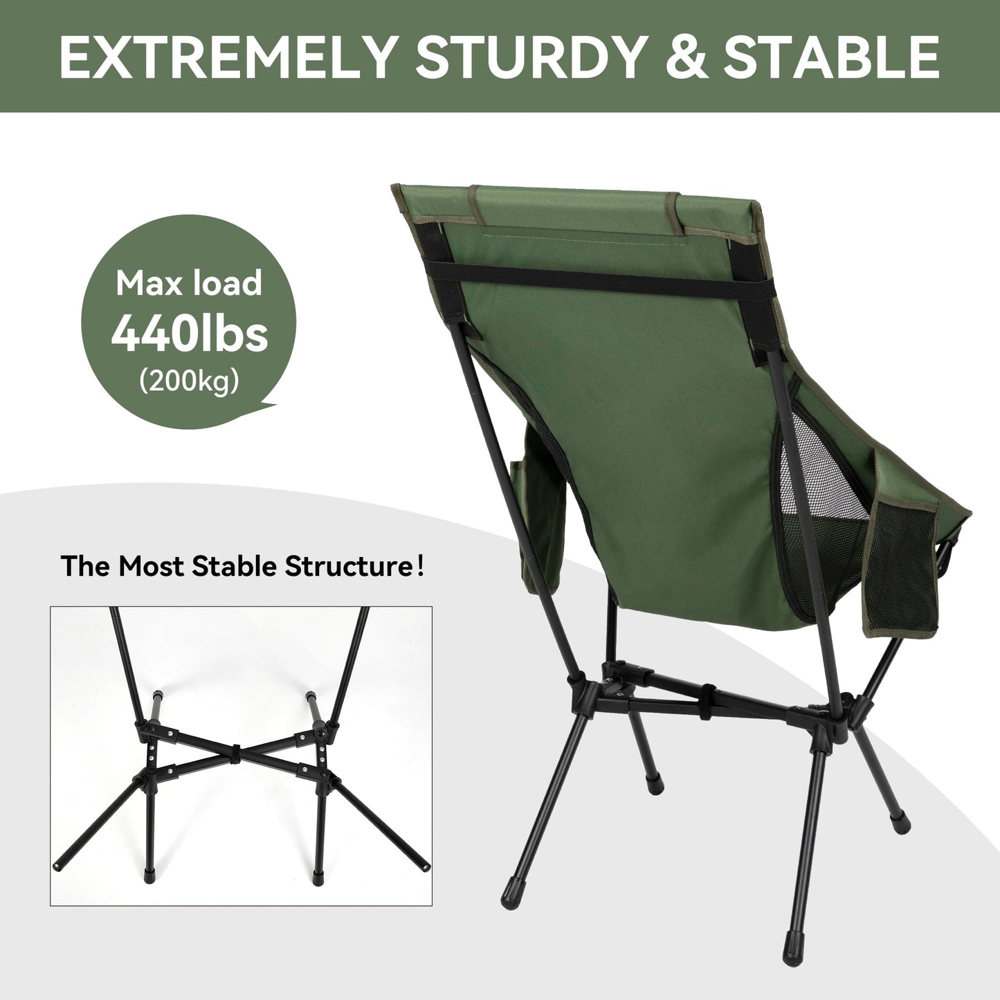 TOBTOS 440lbs High Back Camping Chair with Pillow, Compact Foldable for Camping, Hiking, Backpacking (Green)