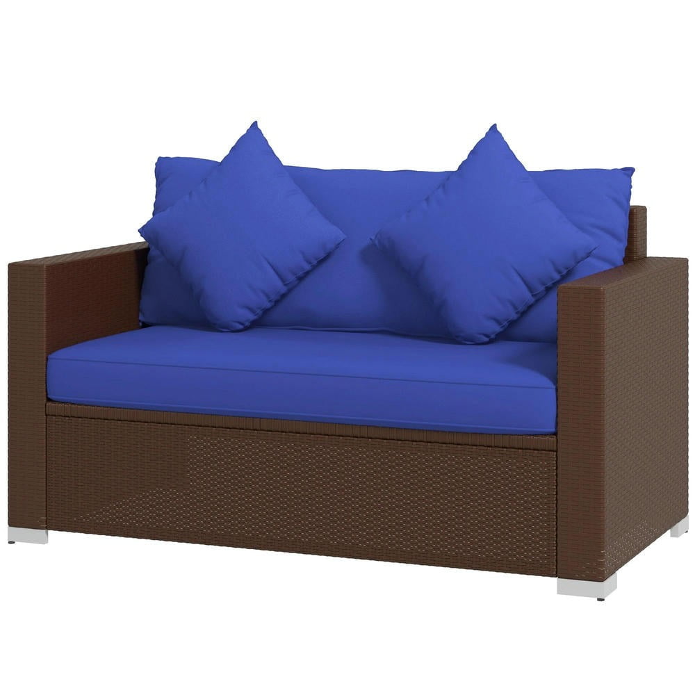 GVN Outdoor Couch Patio Sofa,Wicker Loveseat, Patio Furniture Couch with Cushions, 2 Seat PE Rattan Sofa, 2 Throw Pillows, Blue