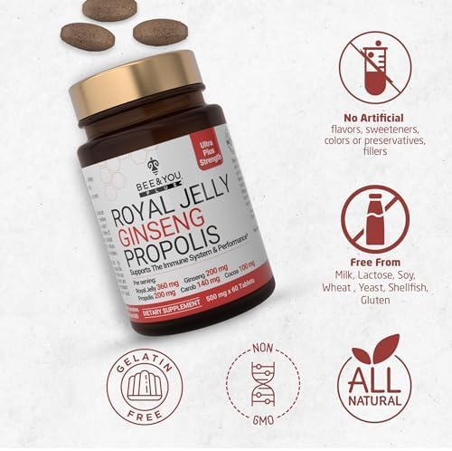 Bee and You Royal Jelly with Ginseng Tablet, Propolis Extract, 60ct, 100% Natural Superfood, Ultra Pure, Immune Support Supplement, Antioxidants, Keto, Paleo, Gluten-Free