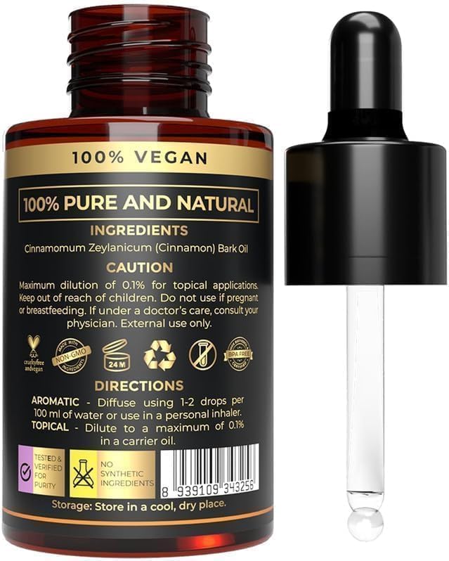Cinnamon Essential Oil for Diffusers and Skin | Pure Organic Cinnamon Oil for Aromatherapy, Candle Making, Natural Pest Solutions | Skin-Safe Cinnamon Bark Essential Oil for Home, Sleep & Wellness