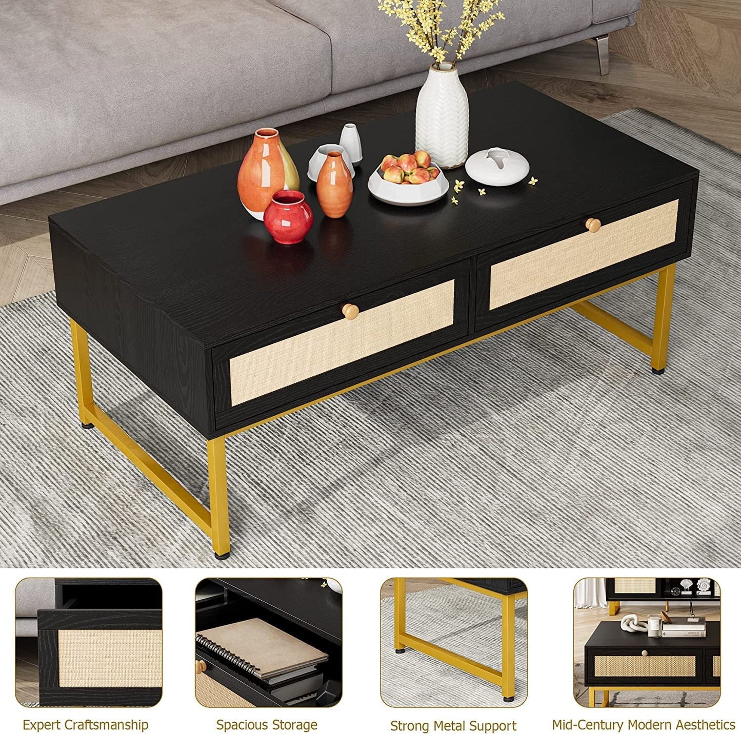 Rattan Coffee Table with 2 Drawer 45.6'' Wood Coffee Table with Storage Boho Dining Table with Rattan Drawer Accent Center Sofa Table with Storage Shelf, Small Coffee Tables for Living Room
